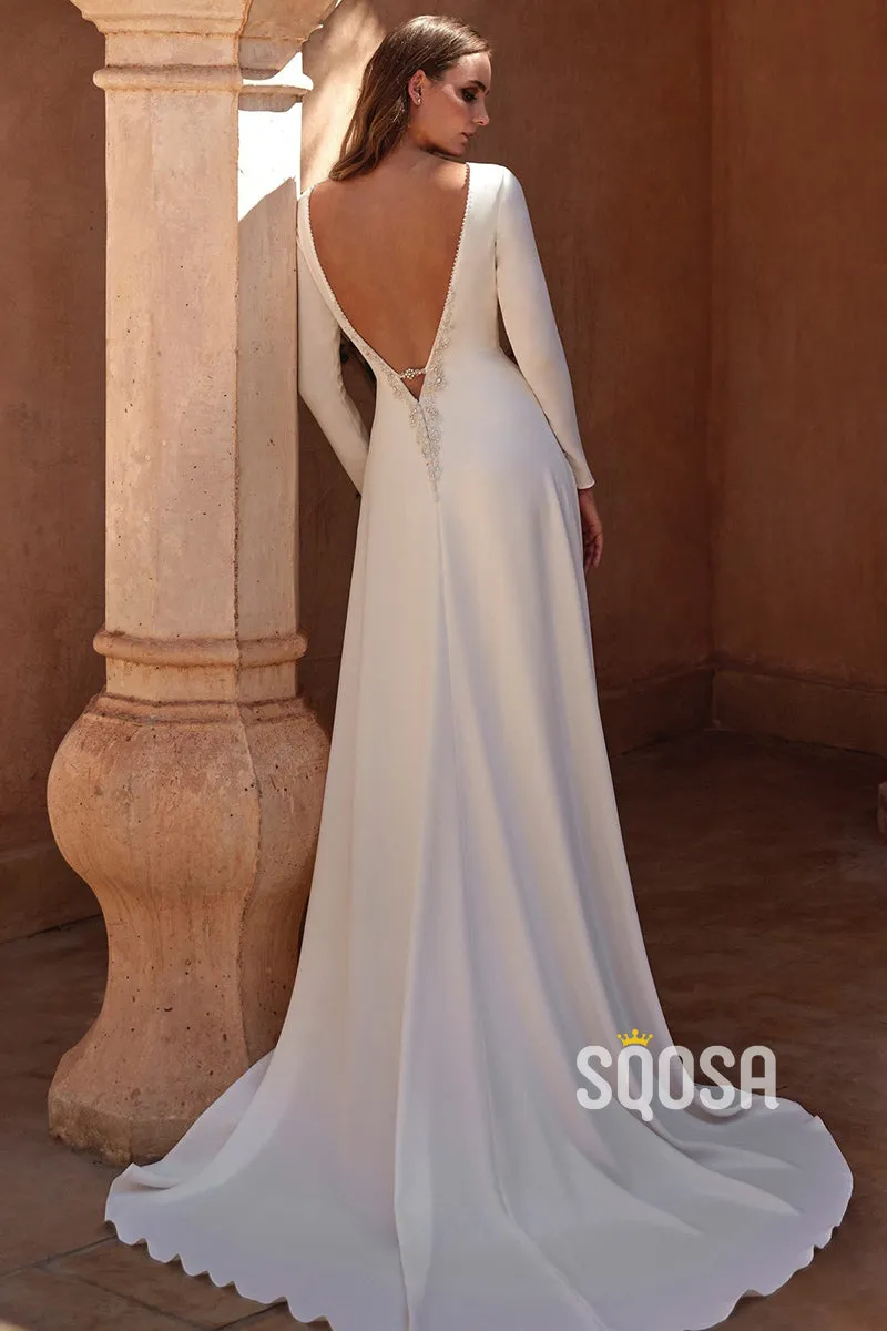 A-Line V-Neck Casual Long Sleeves Wedding Dress Bridal Gowns With Train QW8051