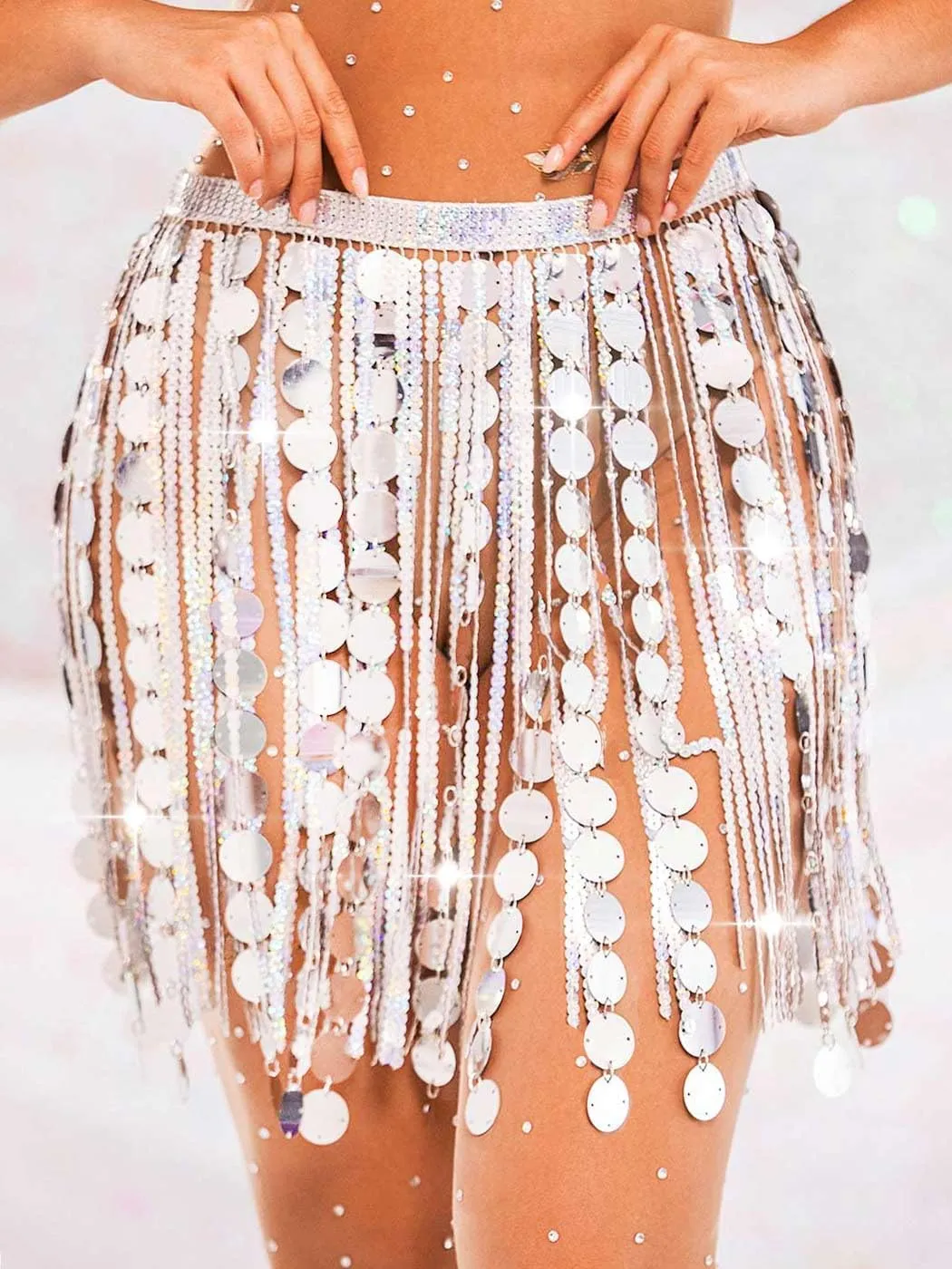 Aukmla Women Sparkly Sequin Belly Dance Skirt Fringe Festival Hip Scarf Dots Tassel Skirts