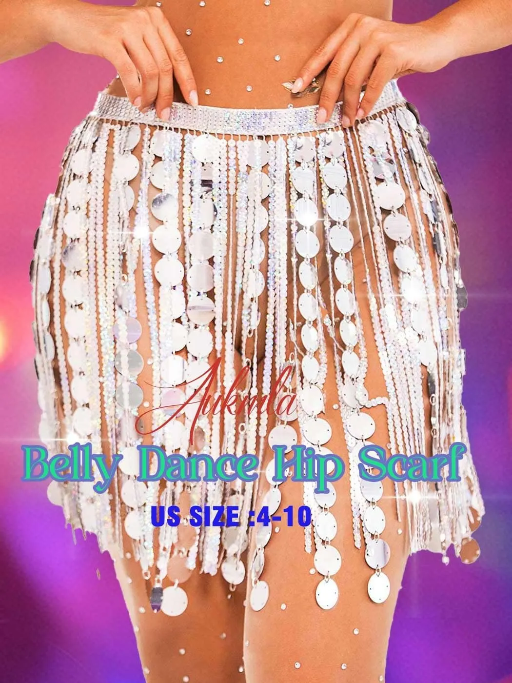 Aukmla Women Sparkly Sequin Belly Dance Skirt Fringe Festival Hip Scarf Dots Tassel Skirts