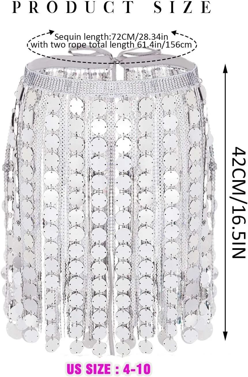 Aukmla Women Sparkly Sequin Belly Dance Skirt Fringe Festival Hip Scarf Dots Tassel Skirts