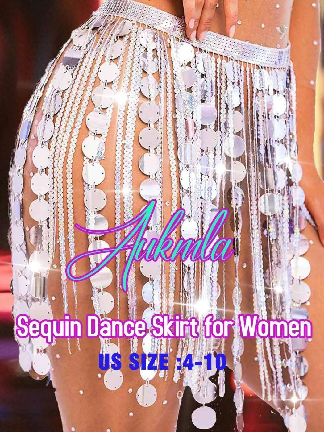 Aukmla Women Sparkly Sequin Belly Dance Skirt Fringe Festival Hip Scarf Dots Tassel Skirts