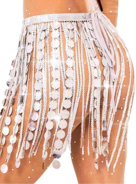 Aukmla Women Sparkly Sequin Belly Dance Skirt Fringe Festival Hip Scarf Dots Tassel Skirts