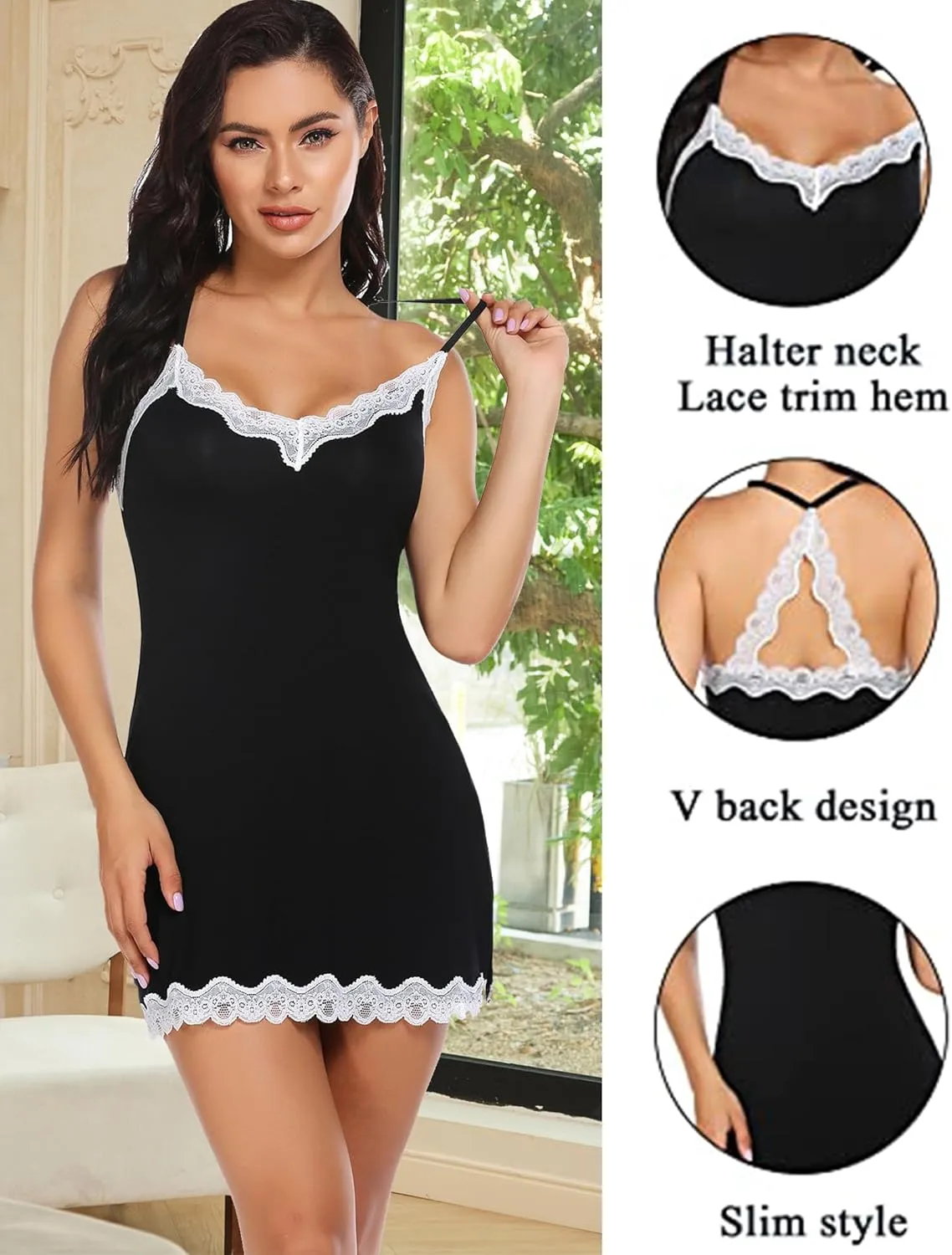 Avidlove Womens Nightgown Sexy Lace Sleepwear V Neck Full Slip Chemise Lingerie Cotton Night Gowns Babydoll Sleepshirt