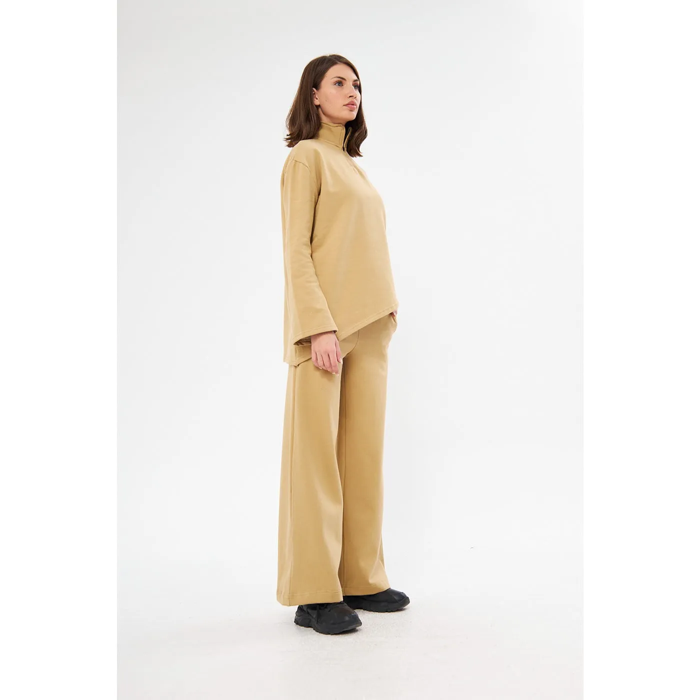 Beige Solid Sweat Matching Set
