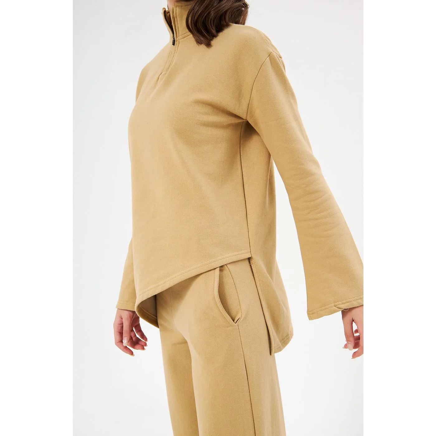 Beige Solid Sweat Matching Set
