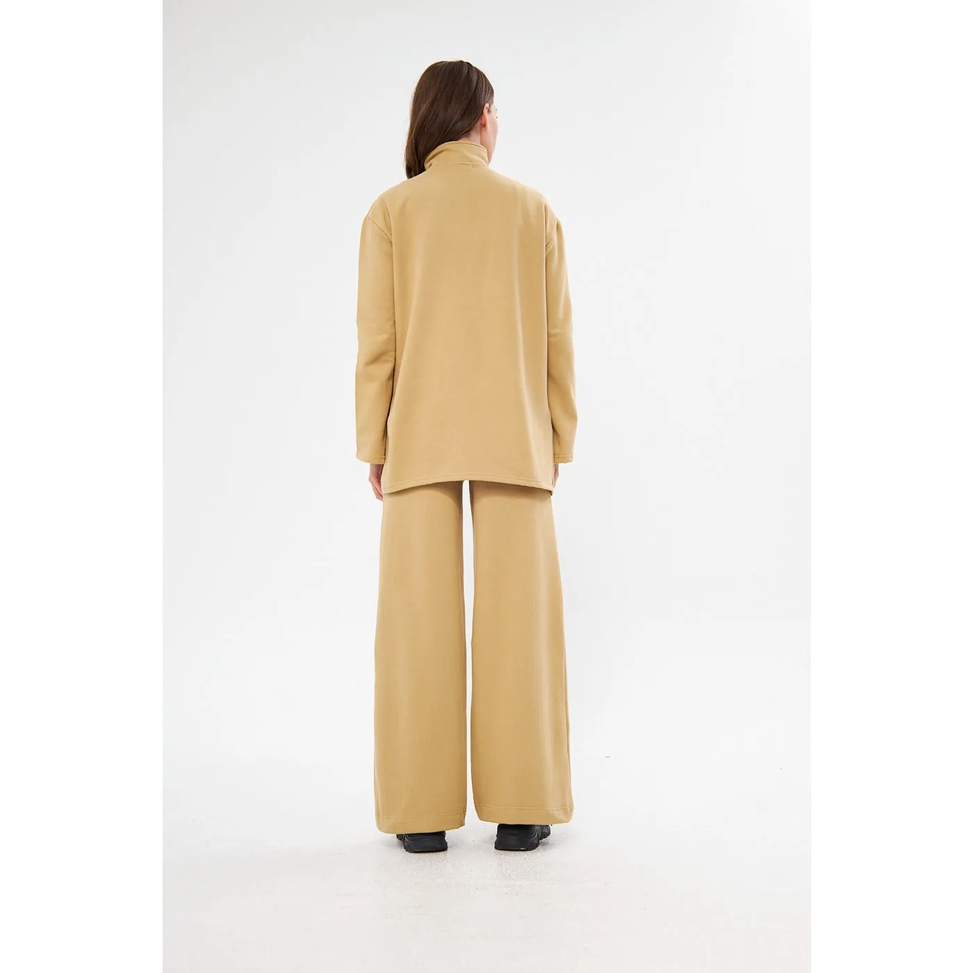 Beige Solid Sweat Matching Set