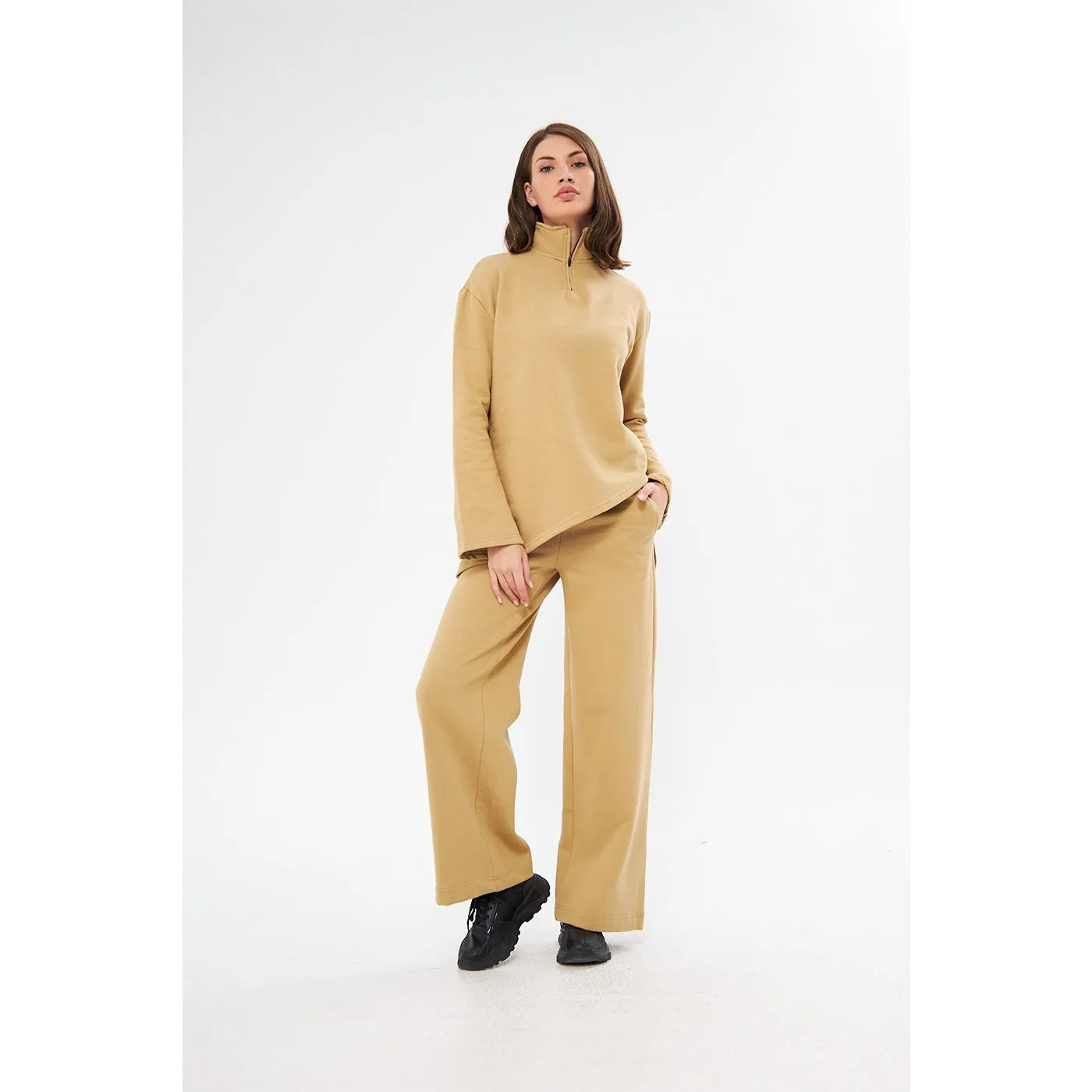 Beige Solid Sweat Matching Set