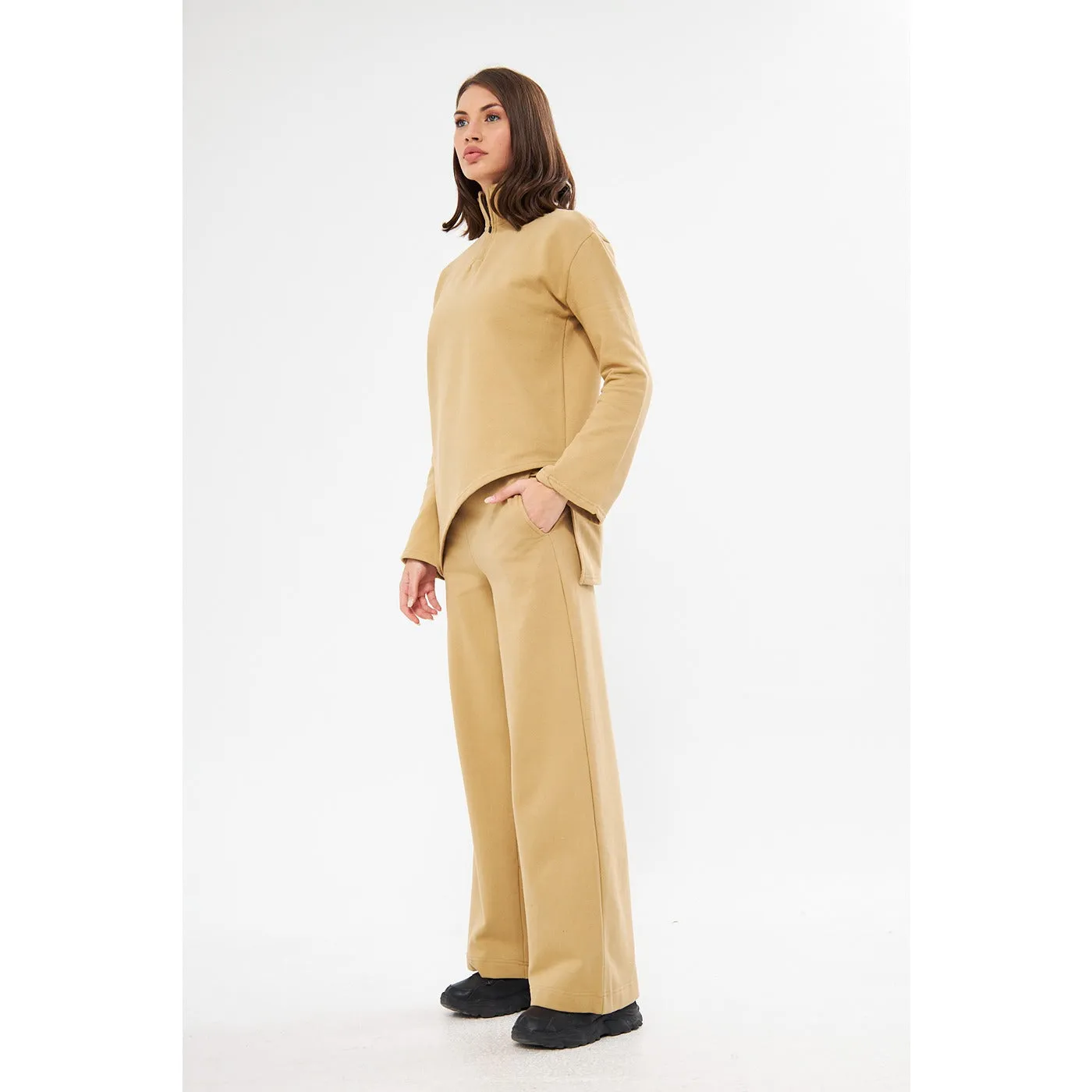 Beige Solid Sweat Matching Set