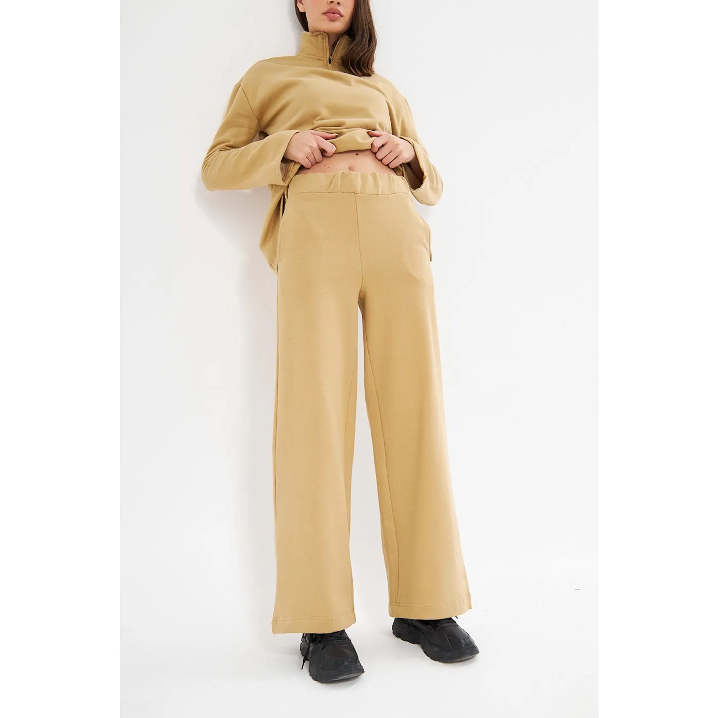 Beige Solid Sweat Matching Set