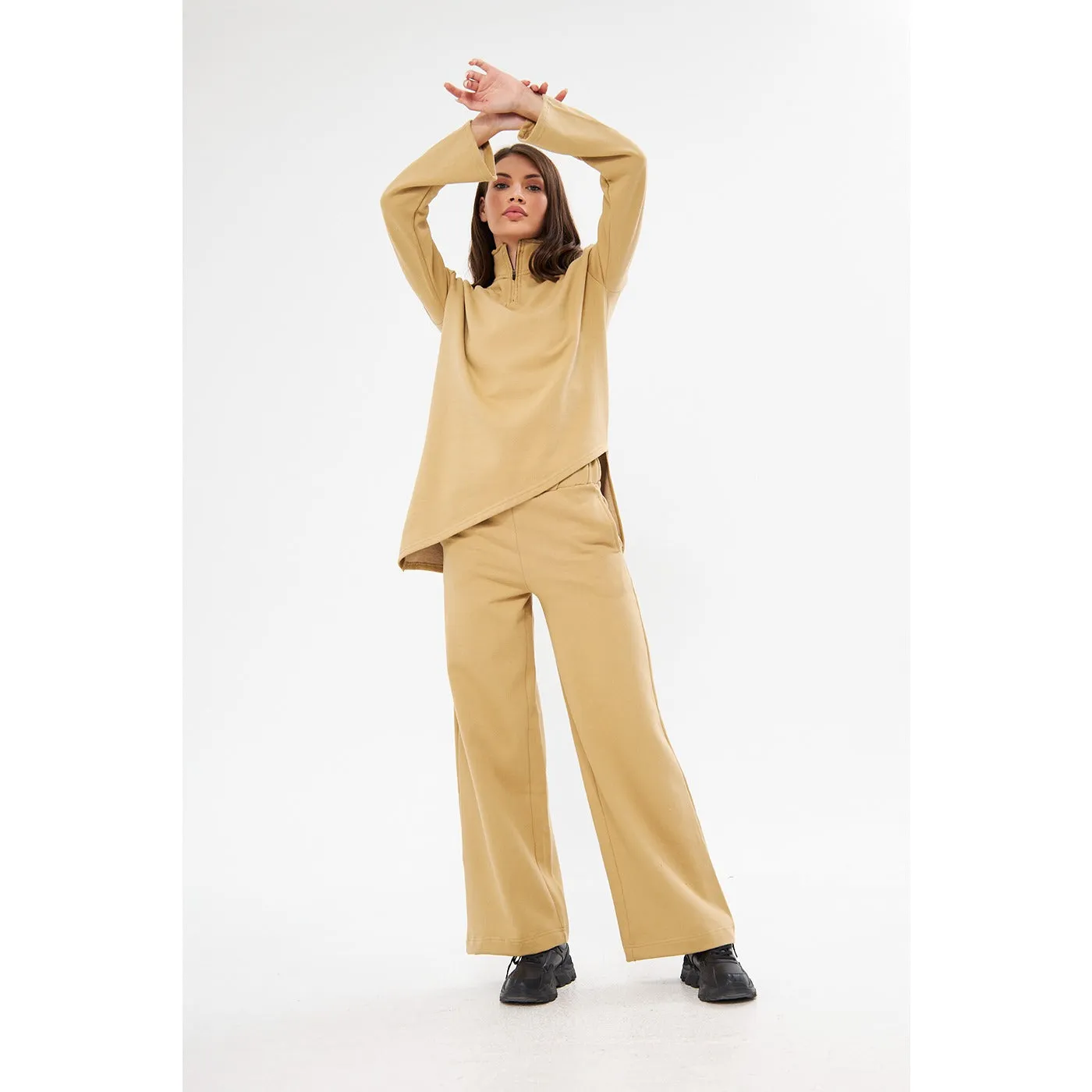 Beige Solid Sweat Matching Set