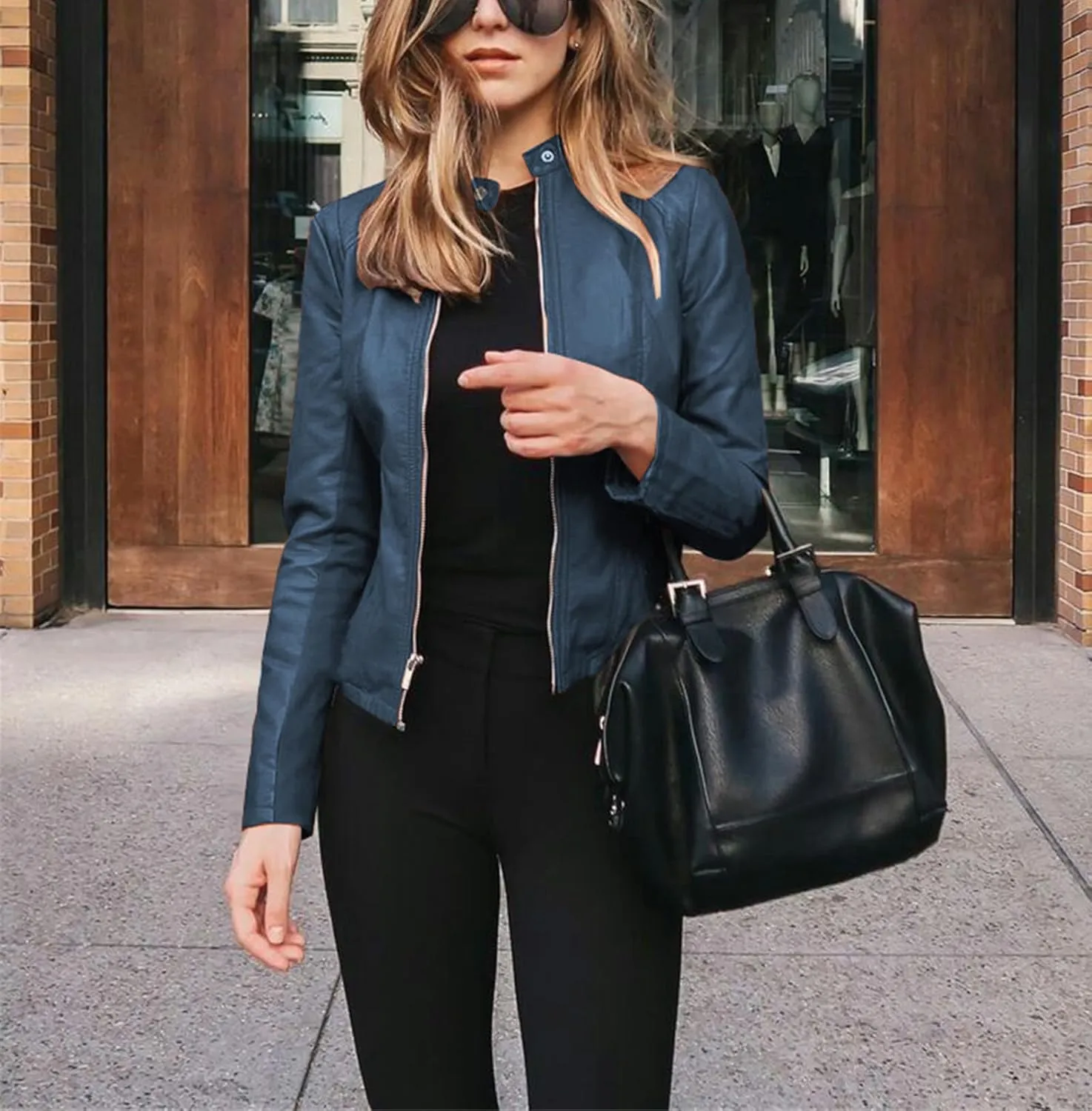 Canbebig Womens Faux Leather Jackets Zip Up Suit Jackets Slim Fit Coats Casual Lightweight Outwear Moto Biker Jackets