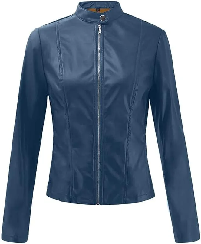 Canbebig Womens Faux Leather Jackets Zip Up Suit Jackets Slim Fit Coats Casual Lightweight Outwear Moto Biker Jackets