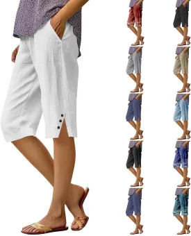 Capri Pants for Women Bermuda Shorts High Waisted Wide Leg Cropped Linen Pants Casual Palazzo Pant with Pockets