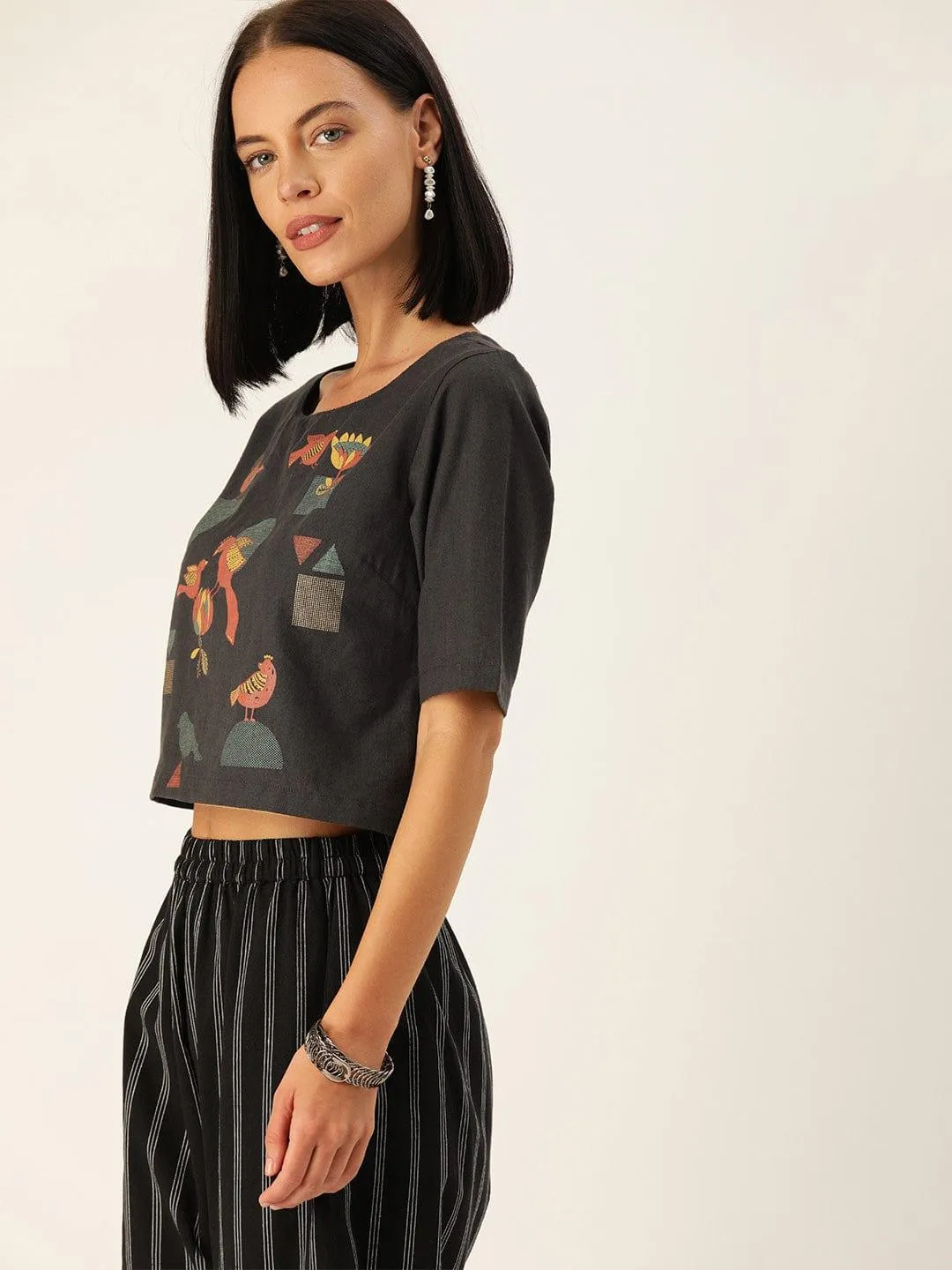 Charcoal Grey Printed Boxy Crop Top