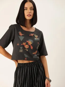 Charcoal Grey Printed Boxy Crop Top