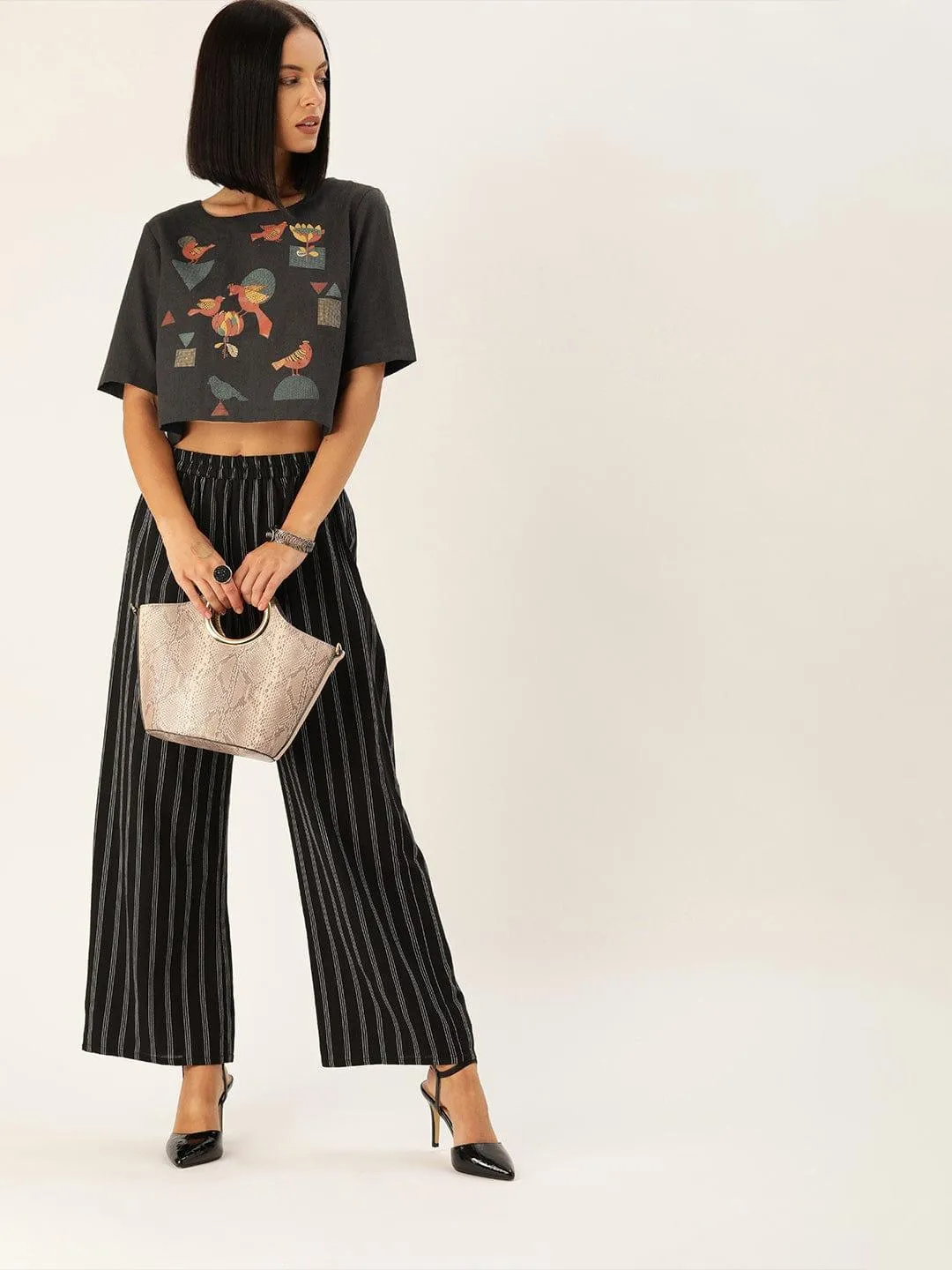 Charcoal Grey Printed Boxy Crop Top