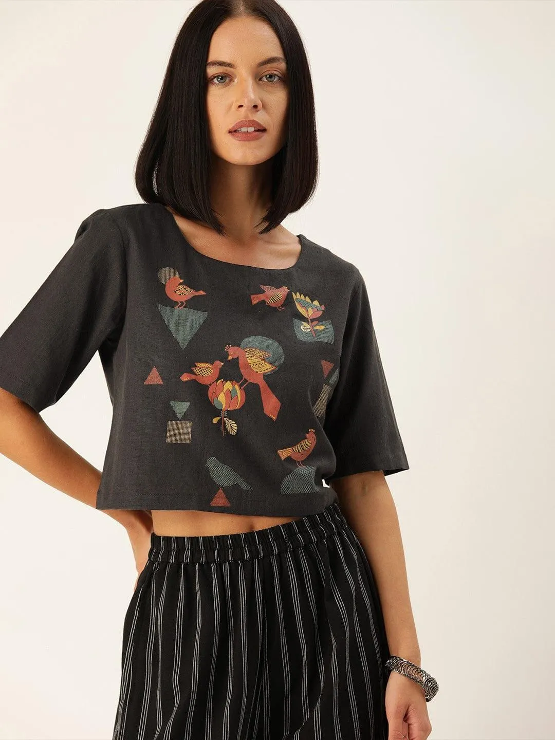 Charcoal Grey Printed Boxy Crop Top