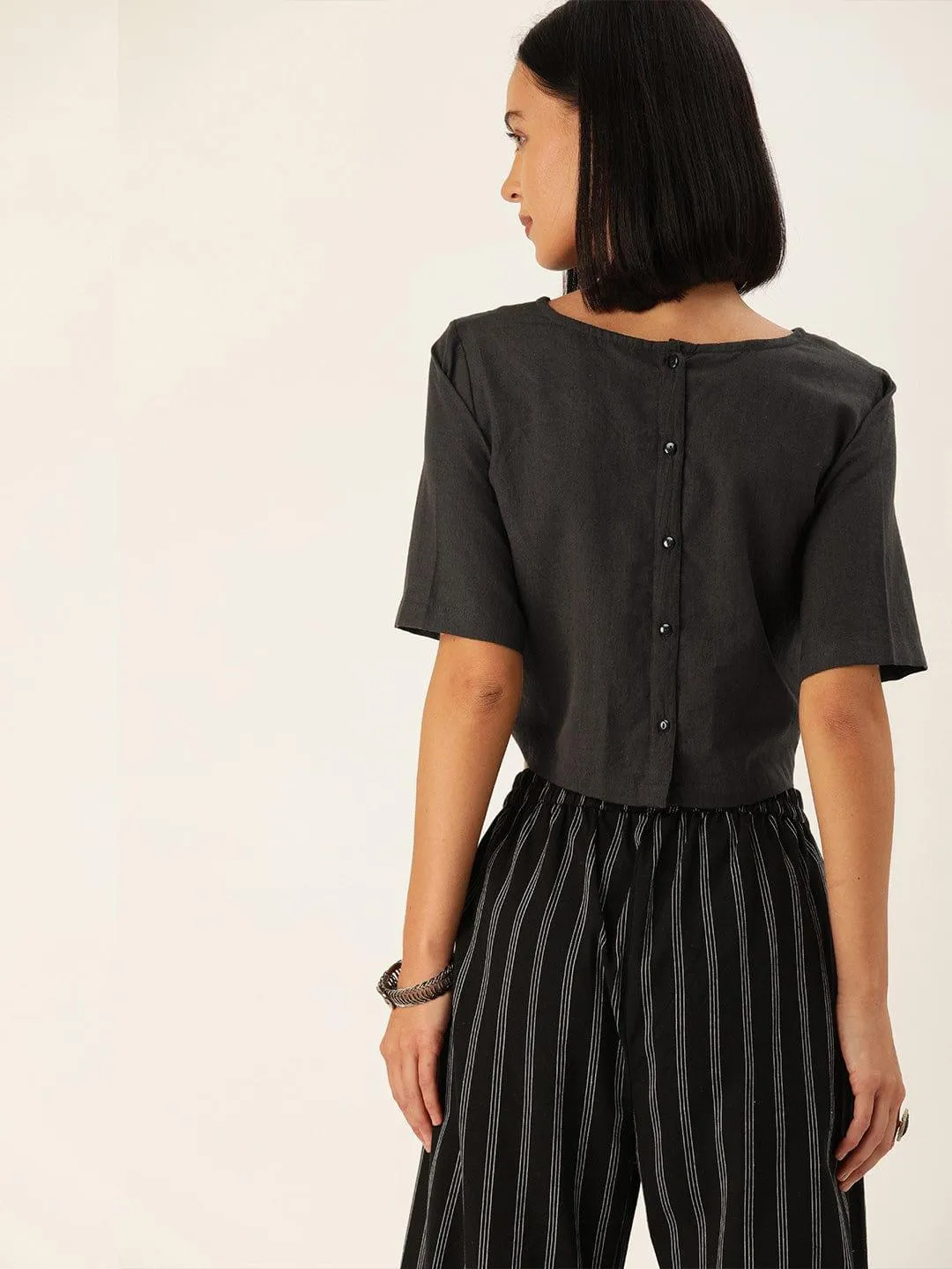 Charcoal Grey Printed Boxy Crop Top