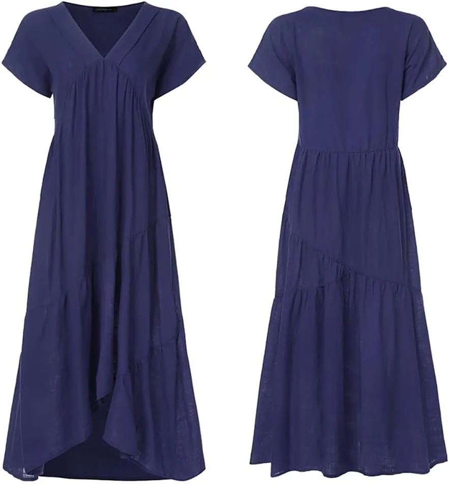 Cotton Dress for Women Summer Flowy Maxi Dress Casual Short Sleeve V Neck Boho Dress Tunic Layered Dress S-5XL