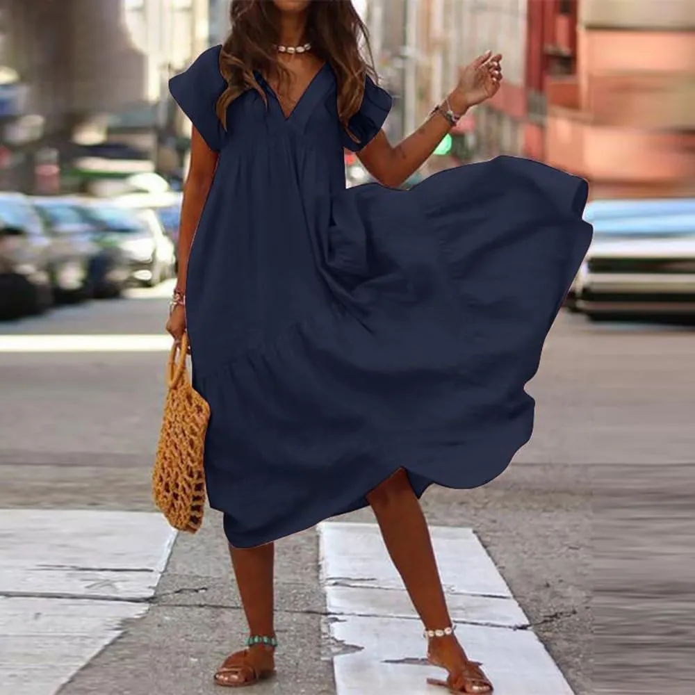 Cotton Dress for Women Summer Flowy Maxi Dress Casual Short Sleeve V Neck Boho Dress Tunic Layered Dress S-5XL