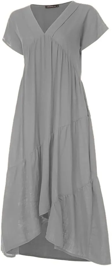 Cotton Dress for Women Summer Flowy Maxi Dress Casual Short Sleeve V Neck Boho Dress Tunic Layered Dress S-5XL