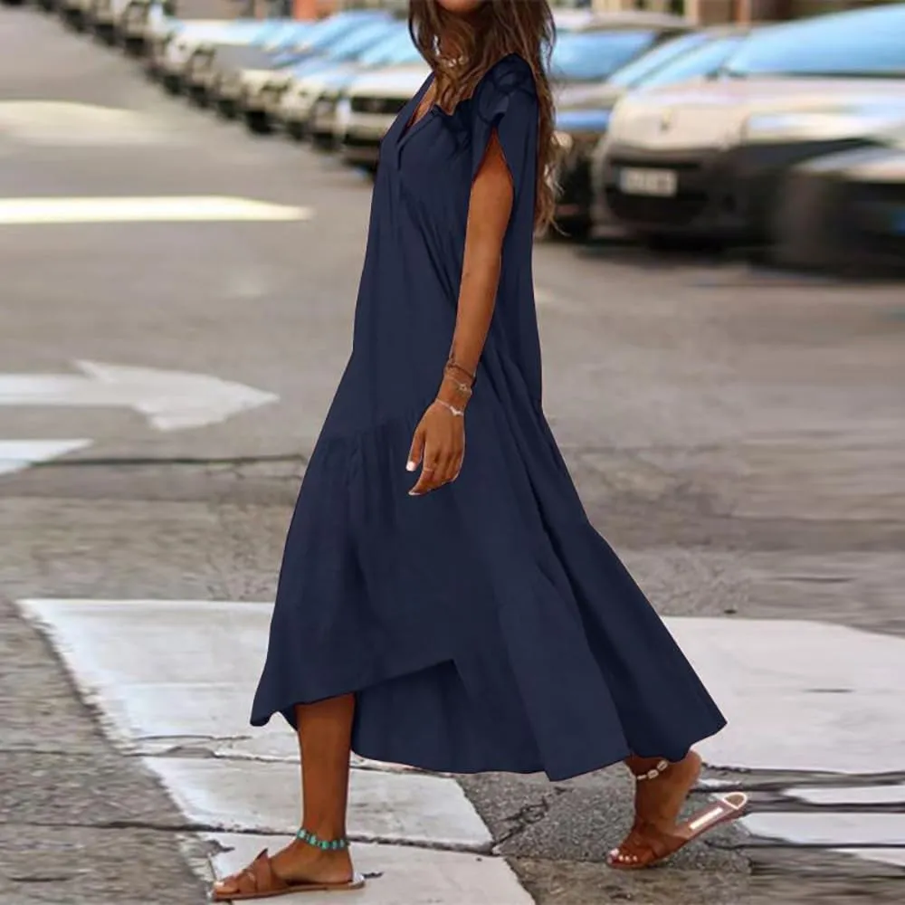 Cotton Dress for Women Summer Flowy Maxi Dress Casual Short Sleeve V Neck Boho Dress Tunic Layered Dress S-5XL