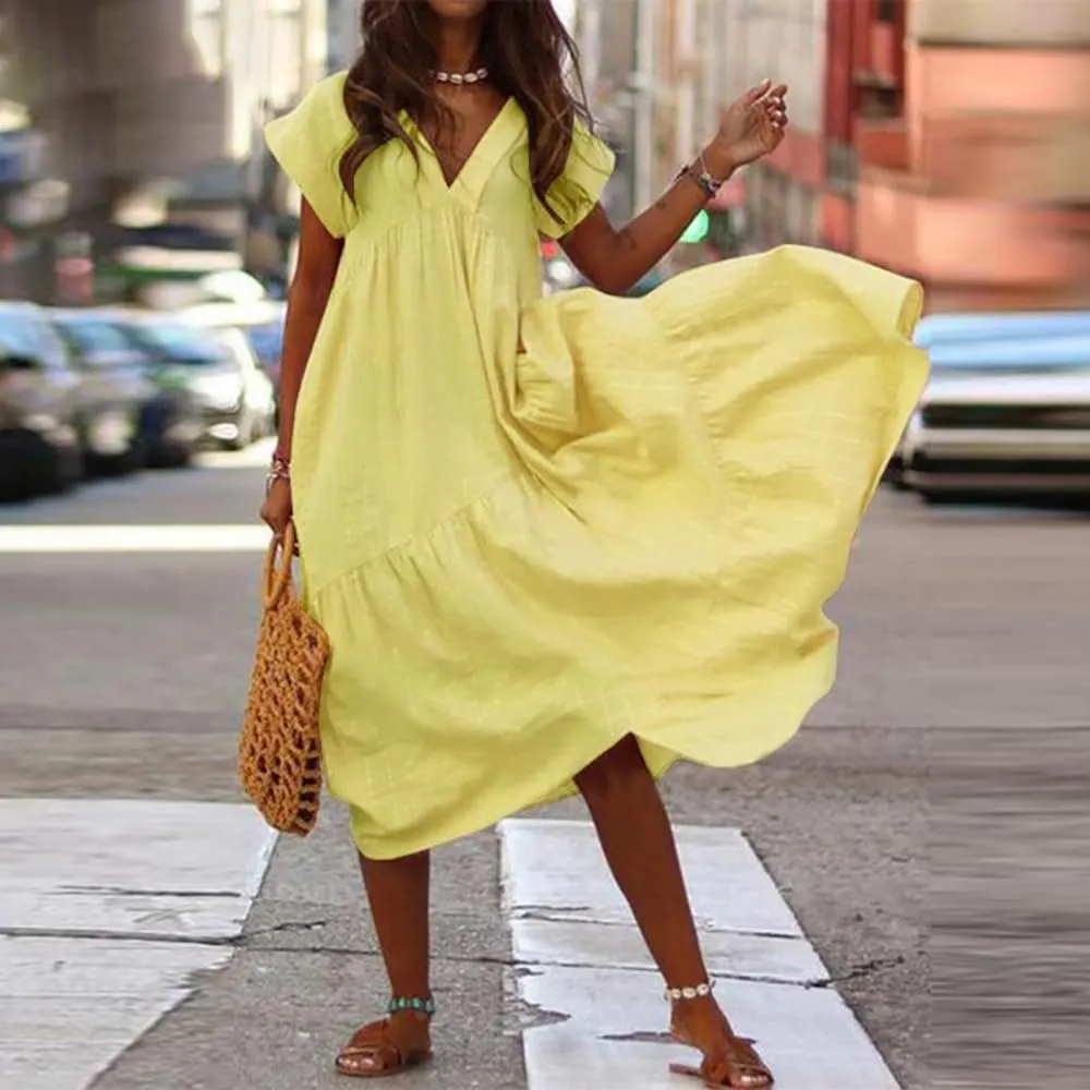 Cotton Dress for Women Summer Flowy Maxi Dress Casual Short Sleeve V Neck Boho Dress Tunic Layered Dress S-5XL