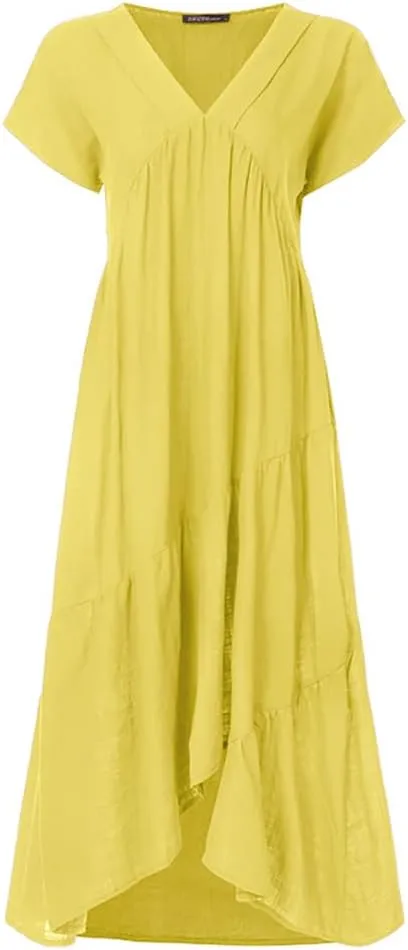 Cotton Dress for Women Summer Flowy Maxi Dress Casual Short Sleeve V Neck Boho Dress Tunic Layered Dress S-5XL