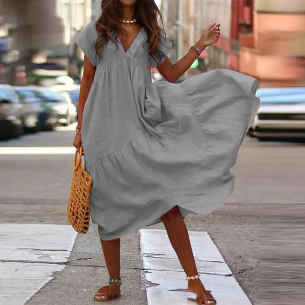 Cotton Dress for Women Summer Flowy Maxi Dress Casual Short Sleeve V Neck Boho Dress Tunic Layered Dress S-5XL