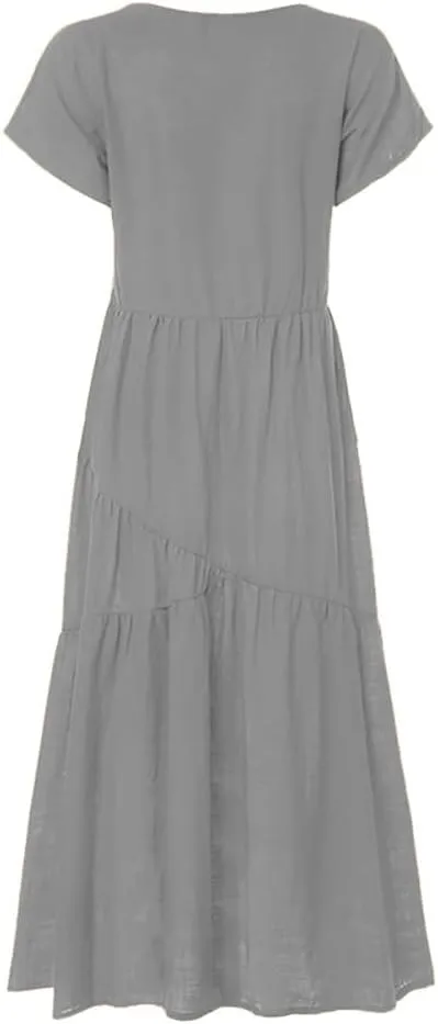 Cotton Dress for Women Summer Flowy Maxi Dress Casual Short Sleeve V Neck Boho Dress Tunic Layered Dress S-5XL
