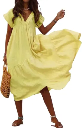 Cotton Dress for Women Summer Flowy Maxi Dress Casual Short Sleeve V Neck Boho Dress Tunic Layered Dress S-5XL