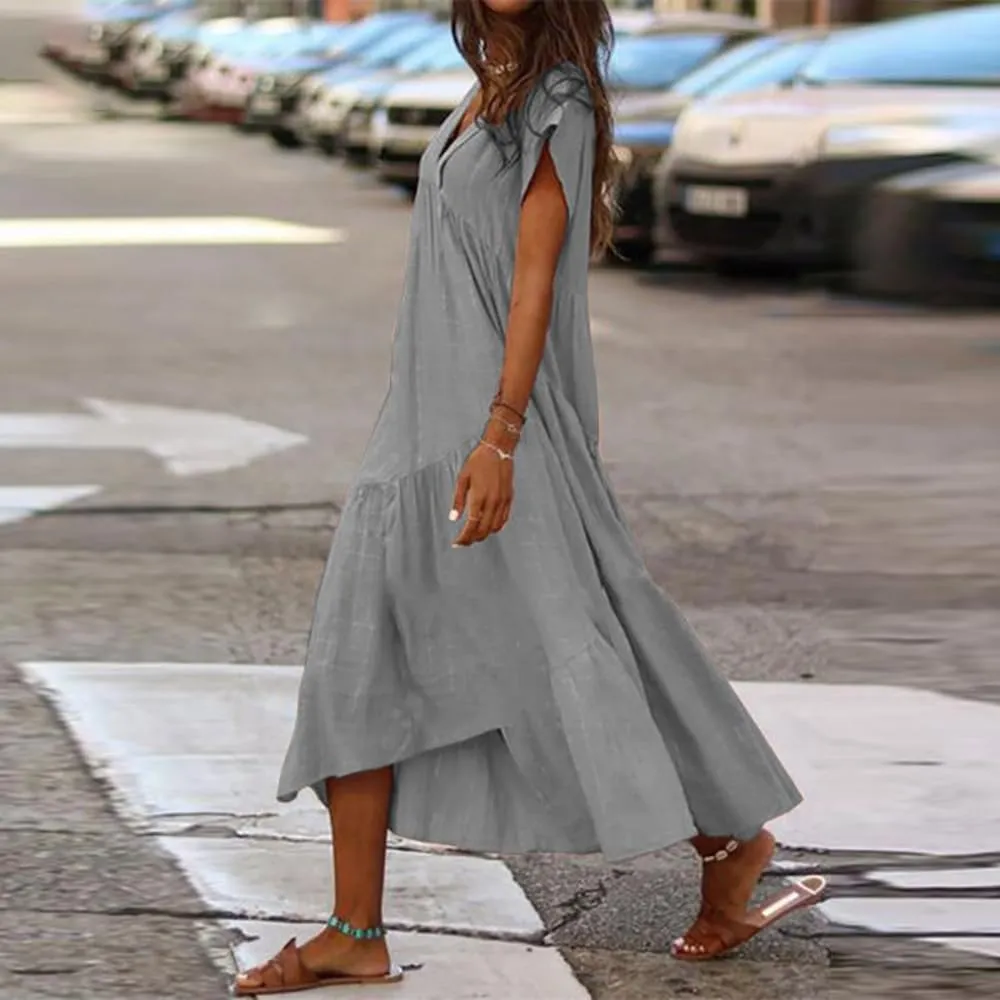 Cotton Dress for Women Summer Flowy Maxi Dress Casual Short Sleeve V Neck Boho Dress Tunic Layered Dress S-5XL