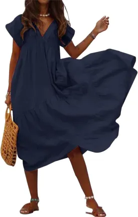 Cotton Dress for Women Summer Flowy Maxi Dress Casual Short Sleeve V Neck Boho Dress Tunic Layered Dress S-5XL