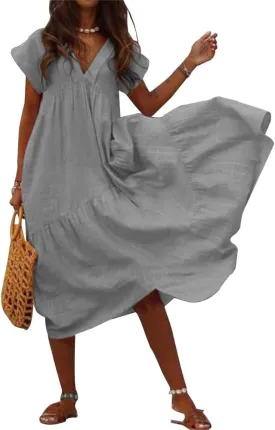 Cotton Dress for Women Summer Flowy Maxi Dress Casual Short Sleeve V Neck Boho Dress Tunic Layered Dress S-5XL