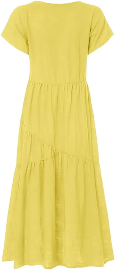 Cotton Dress for Women Summer Flowy Maxi Dress Casual Short Sleeve V Neck Boho Dress Tunic Layered Dress S-5XL