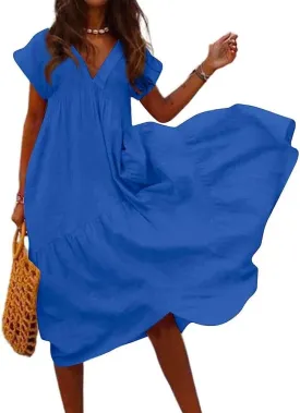 Cotton Dress for Women Summer Flowy Maxi Dress Casual Short Sleeve V Neck Boho Dress Tunic Layered Dress S-5XL