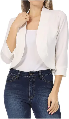 Cropped Blazer for Womens Open Front Work Office Cardigan Suit 3/4 Sleeve Solid Jacket Shrug Casual Business Blazers
