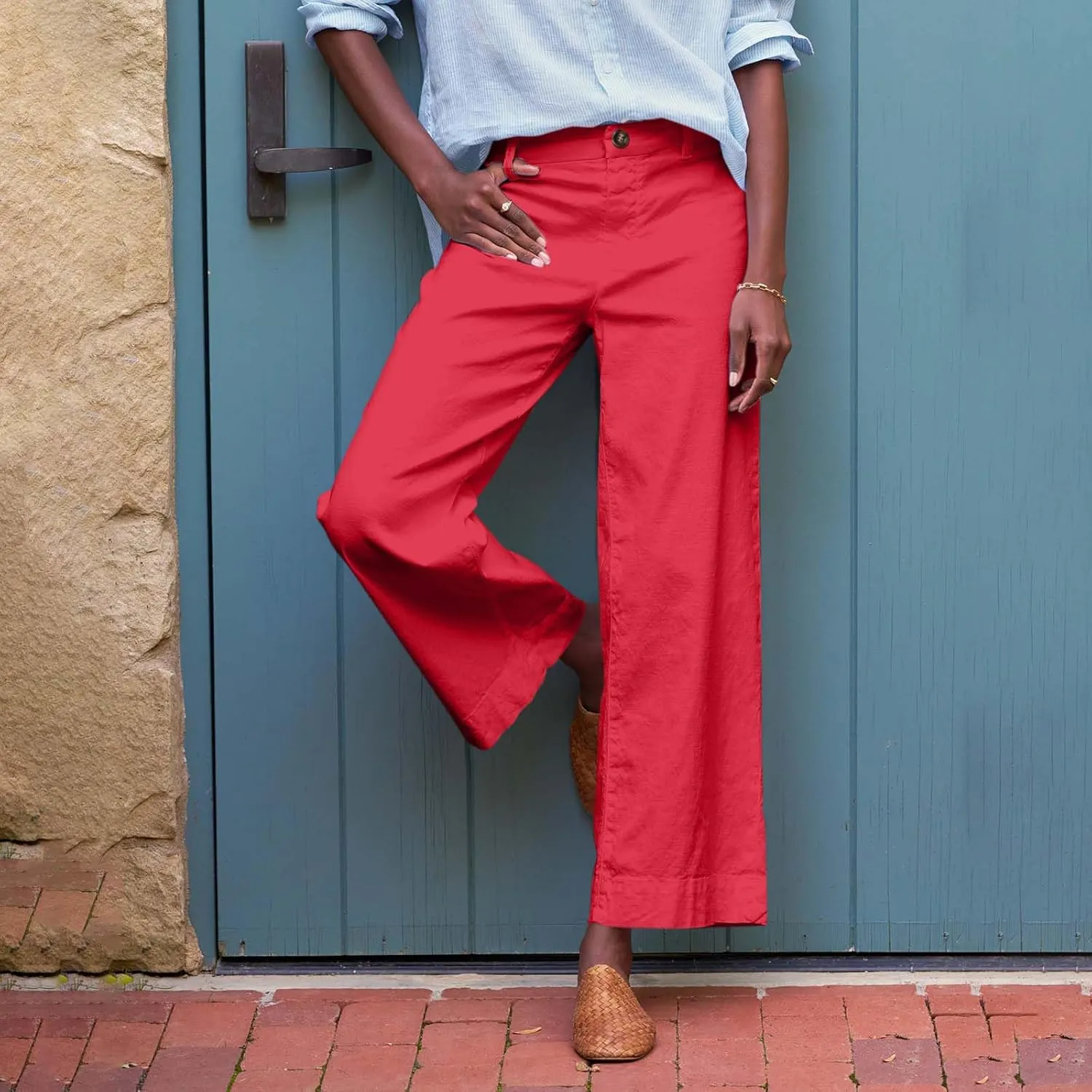 Cropped Linen Pants Women High Waisted Flare Wide Leg Capri Work Pants Business Casual Ankle Pants with Pockets
