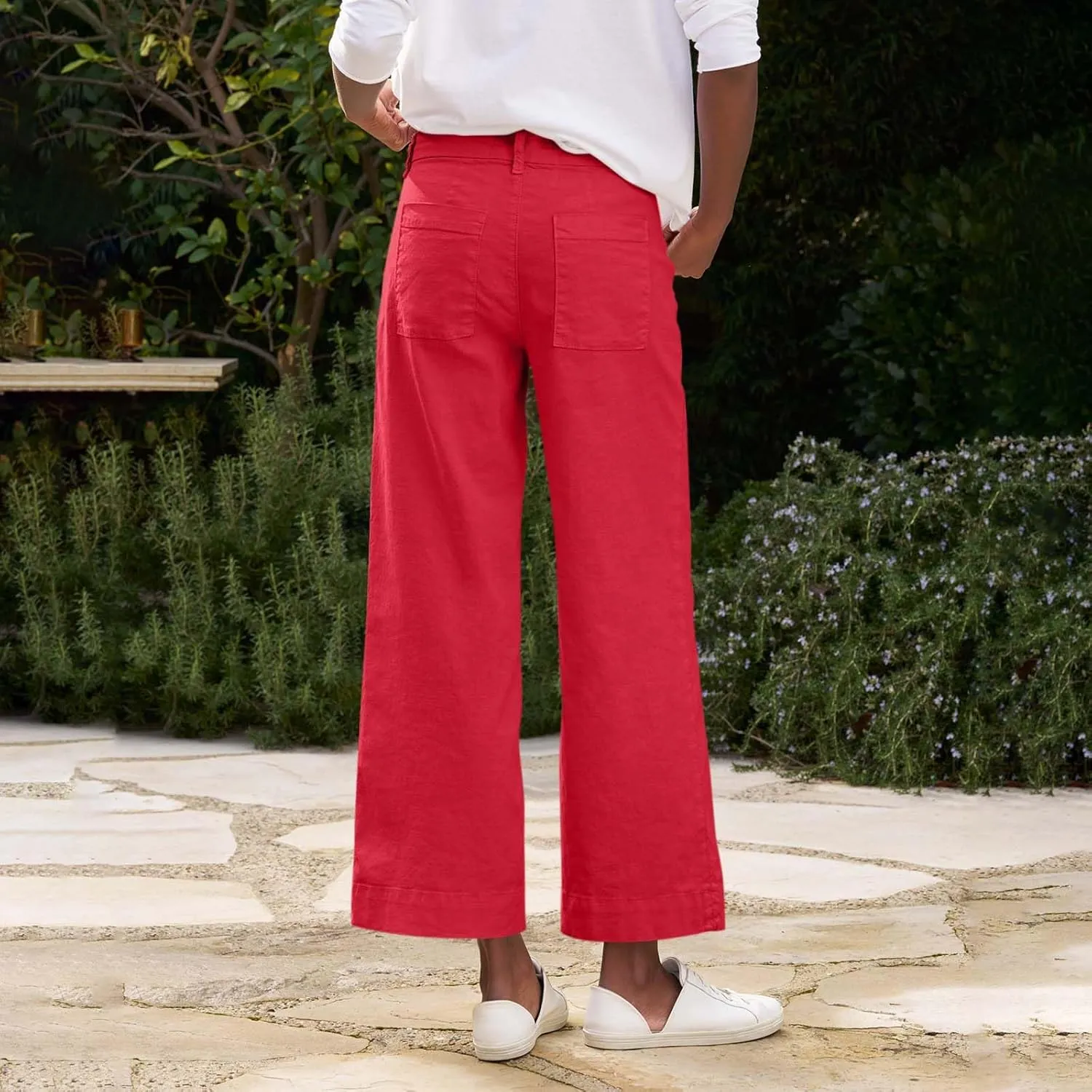 Cropped Linen Pants Women High Waisted Flare Wide Leg Capri Work Pants Business Casual Ankle Pants with Pockets