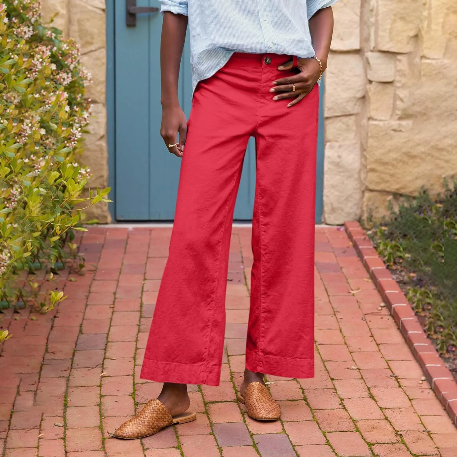 Cropped Linen Pants Women High Waisted Flare Wide Leg Capri Work Pants Business Casual Ankle Pants with Pockets