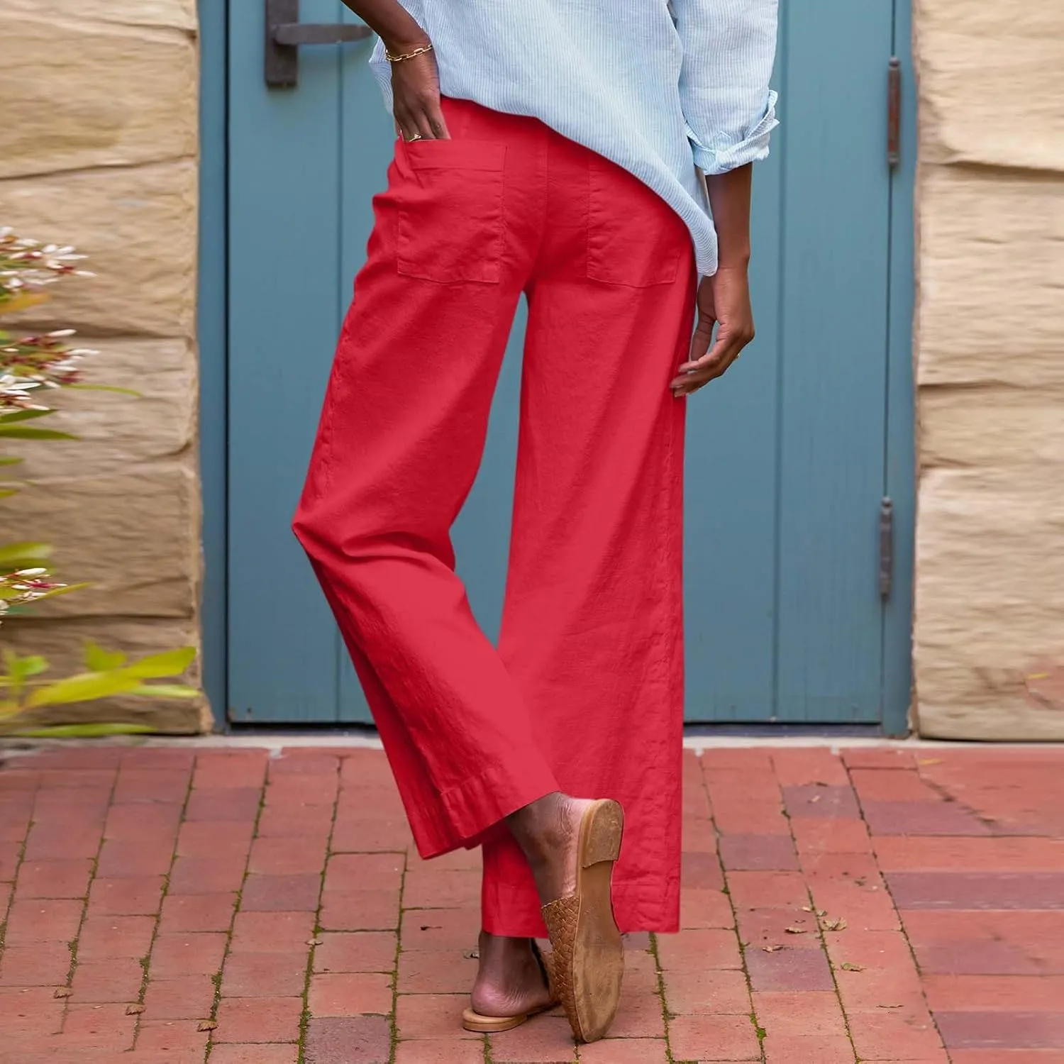 Cropped Linen Pants Women High Waisted Flare Wide Leg Capri Work Pants Business Casual Ankle Pants with Pockets
