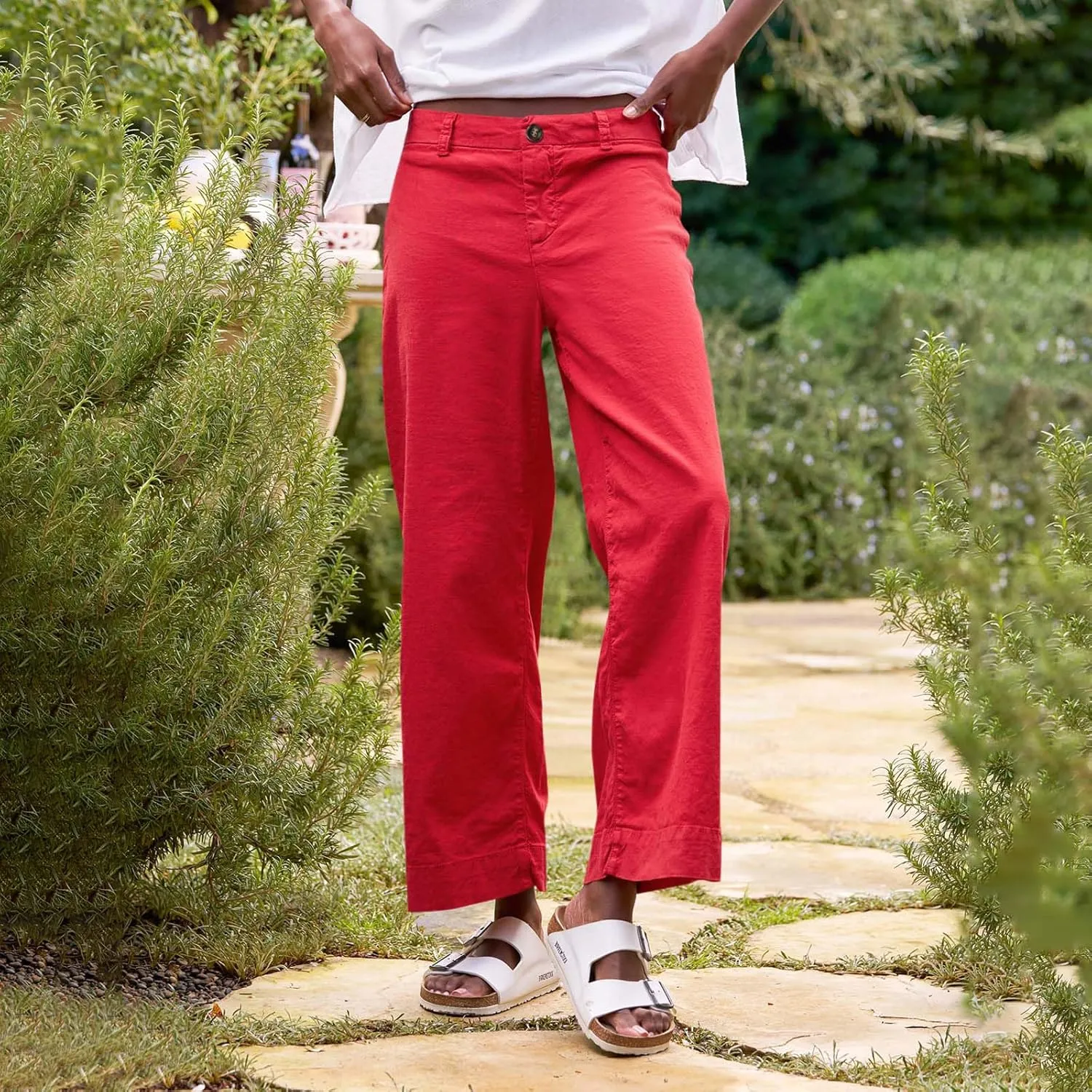 Cropped Linen Pants Women High Waisted Flare Wide Leg Capri Work Pants Business Casual Ankle Pants with Pockets