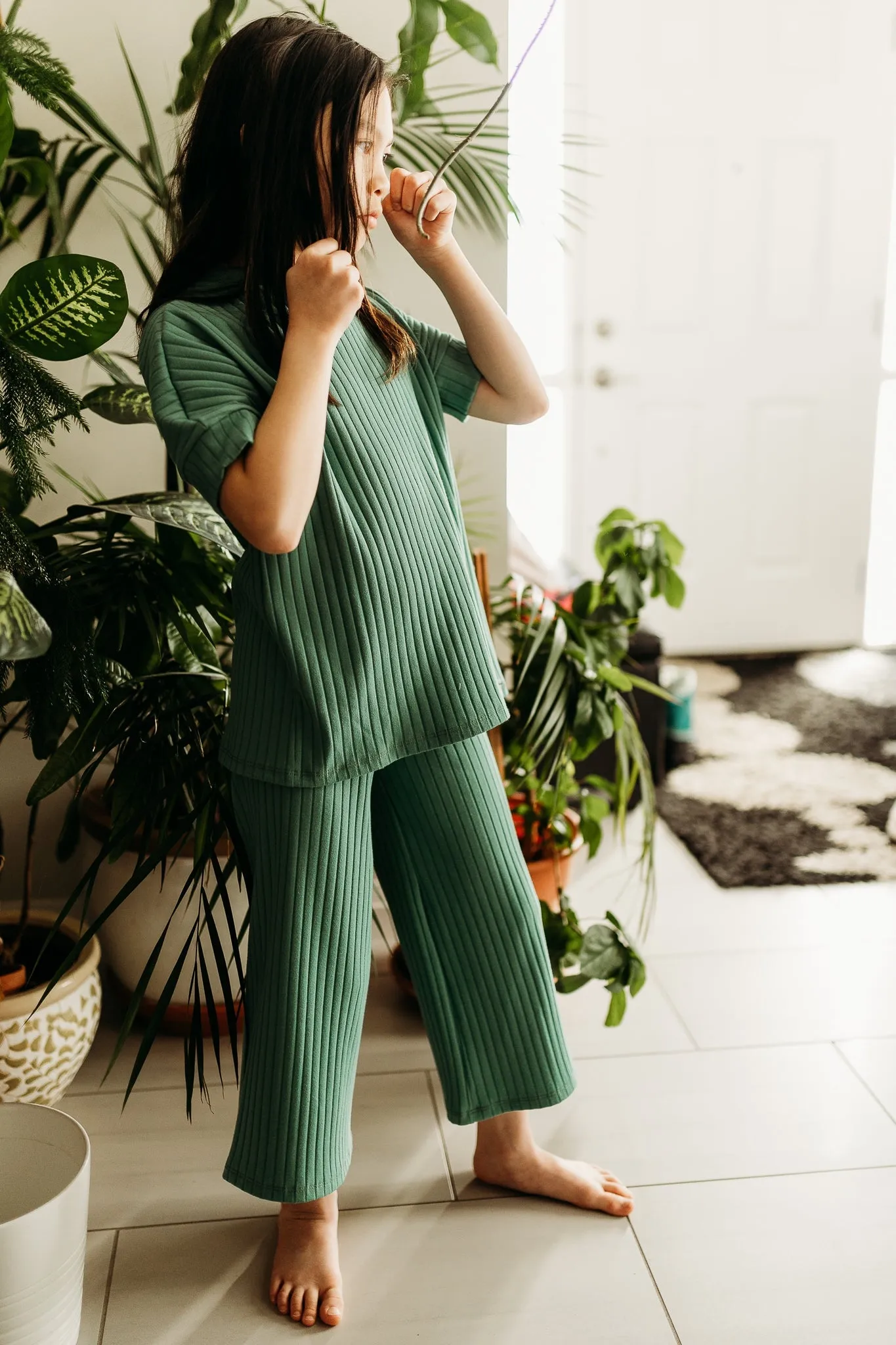 Danny Wide Leg Pants | Green Rib