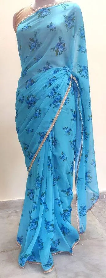 Designer Georgette Blue Floral Printed Pearl Lacer Saree SP29