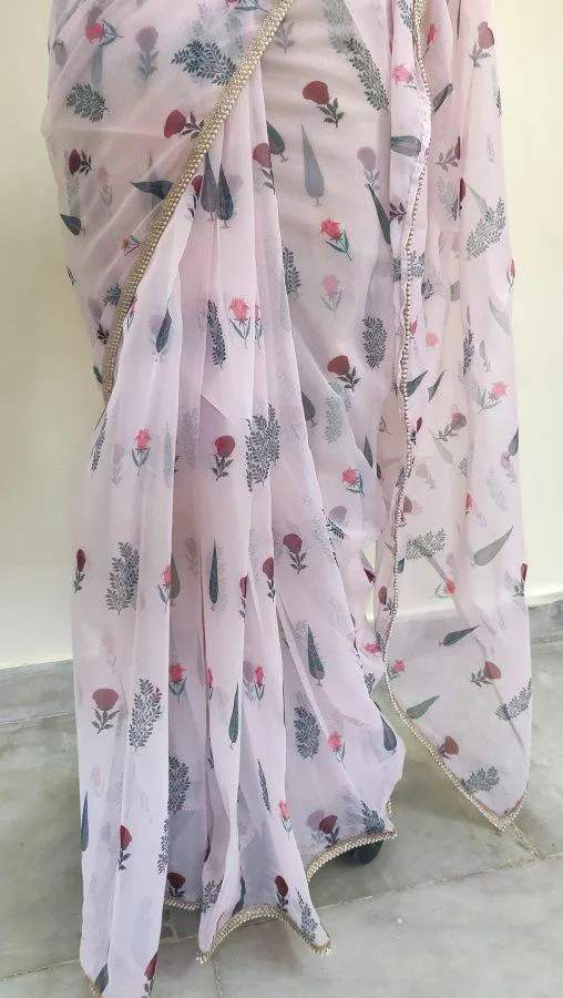 Designer Peachy Pink Organza Printed Pearl Lacer Saree SP26