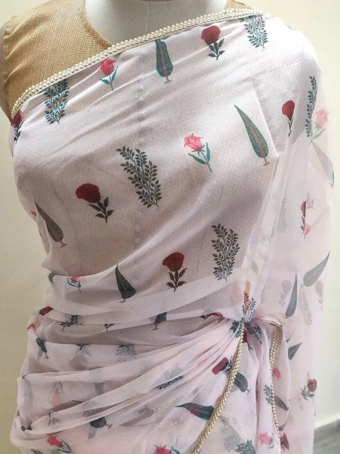 Designer Peachy Pink Organza Printed Pearl Lacer Saree SP26