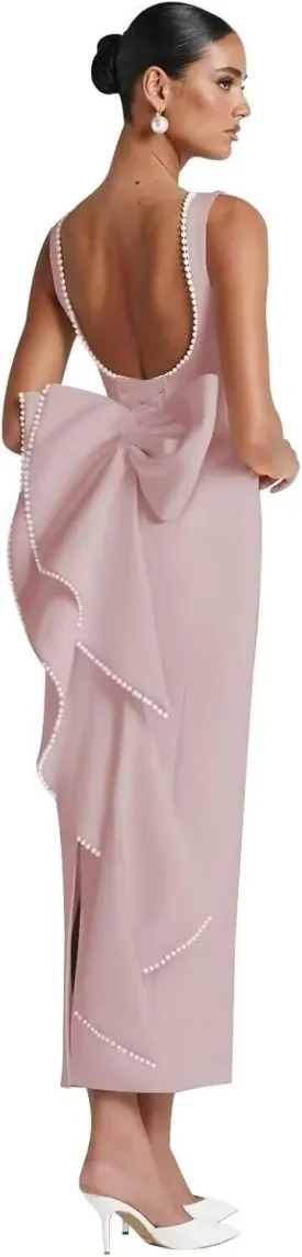 Dessiny Pearl Satin Cocktail Dress with Bow Back Bodycon 2025 Midi Formal Party Gowns for Women DE454