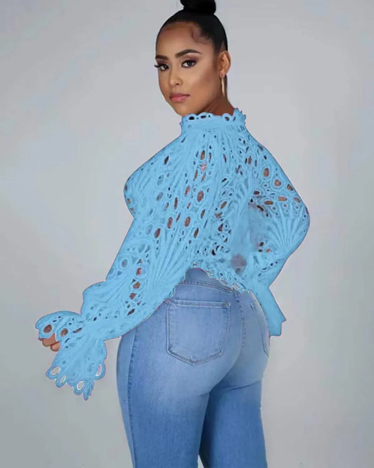 Doweha Womens Sexy Ruffle Long Sleeve Summer Lace Tops 2025 Puff Flare Shirt V Neck Hollow Out Button Down Tunic Blouses