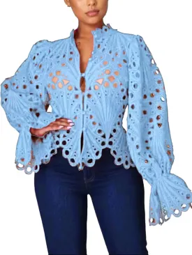 Doweha Womens Sexy Ruffle Long Sleeve Summer Lace Tops 2025 Puff Flare Shirt V Neck Hollow Out Button Down Tunic Blouses