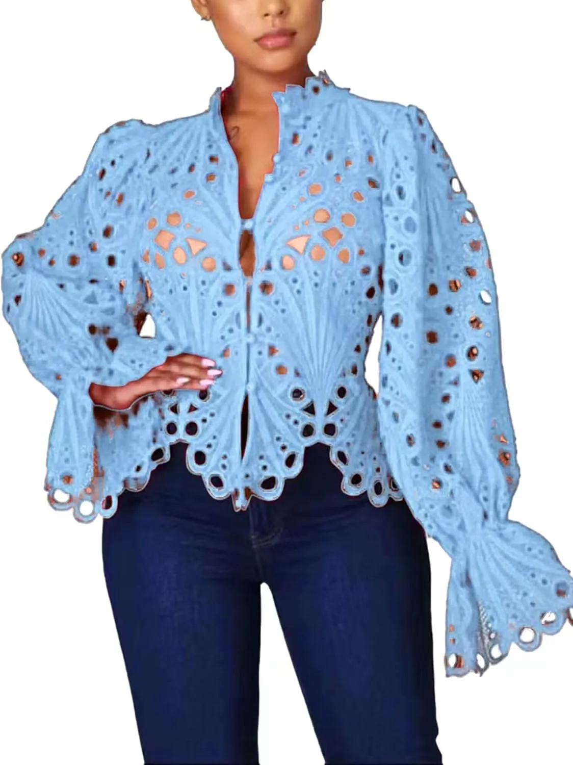 Doweha Womens Sexy Ruffle Long Sleeve Summer Lace Tops 2025 Puff Flare Shirt V Neck Hollow Out Button Down Tunic Blouses